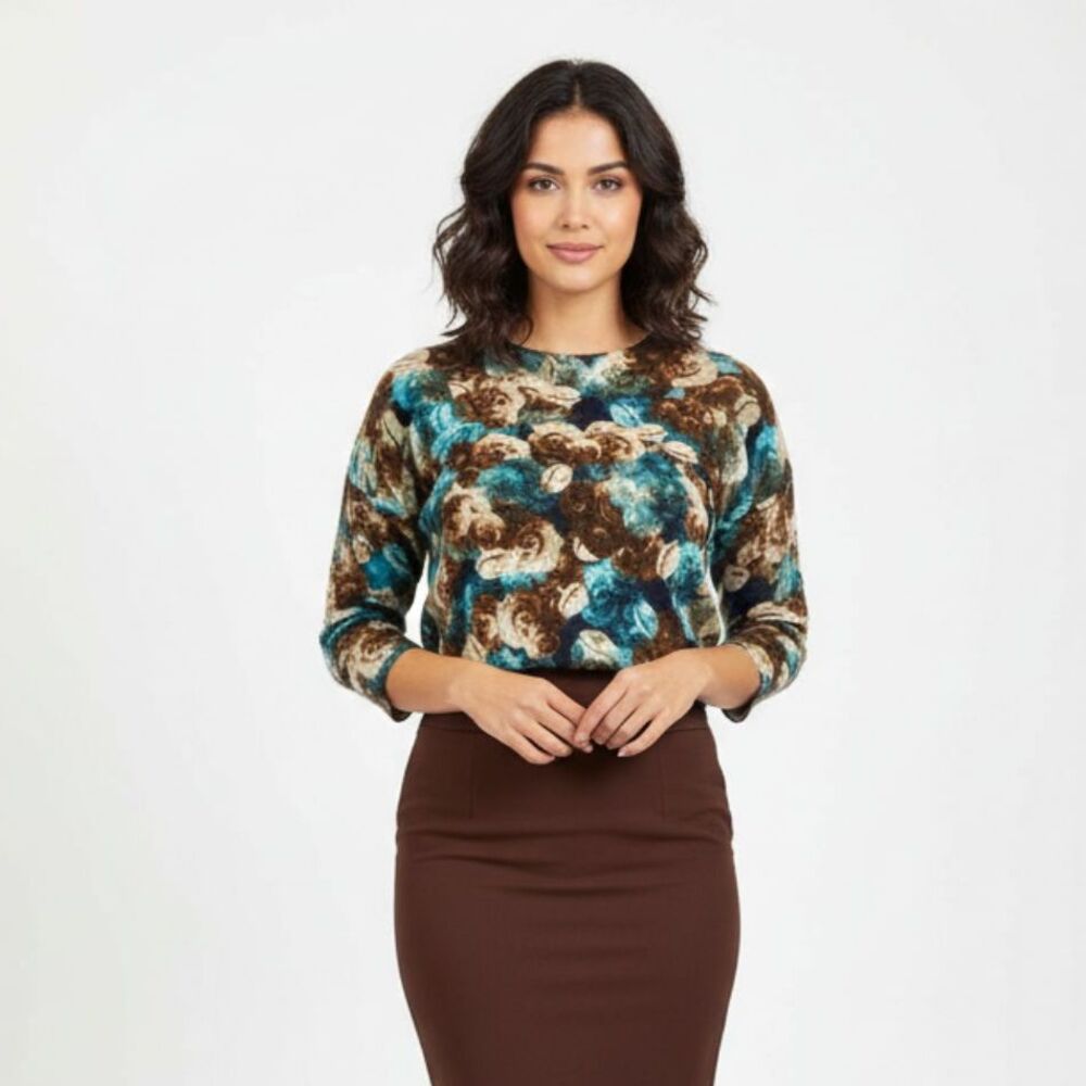 Talbots 100% Merino Wool Blue & Brown Floral Print Crew Neck Sweater M